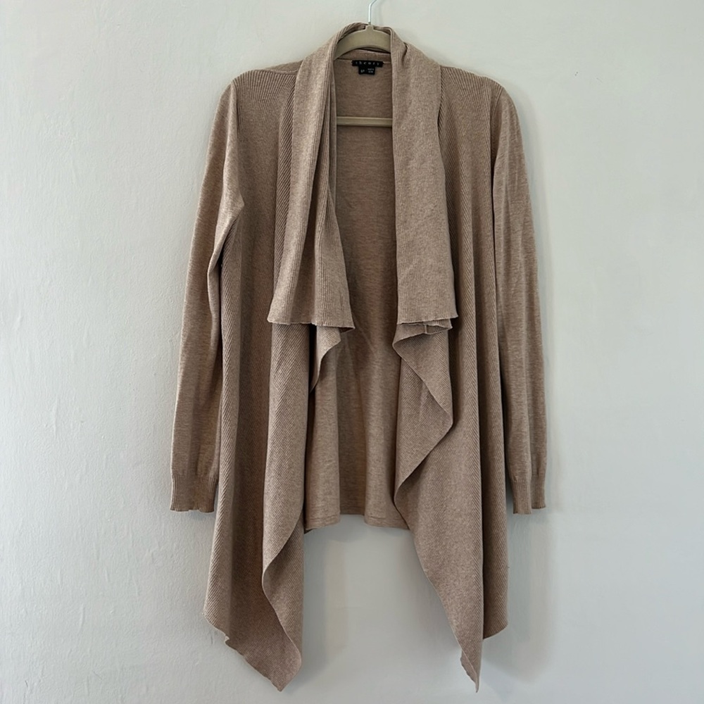 Theory Cotton Cashmere Open Front Cardigan Knit Tan Neutral Draped Womens Small